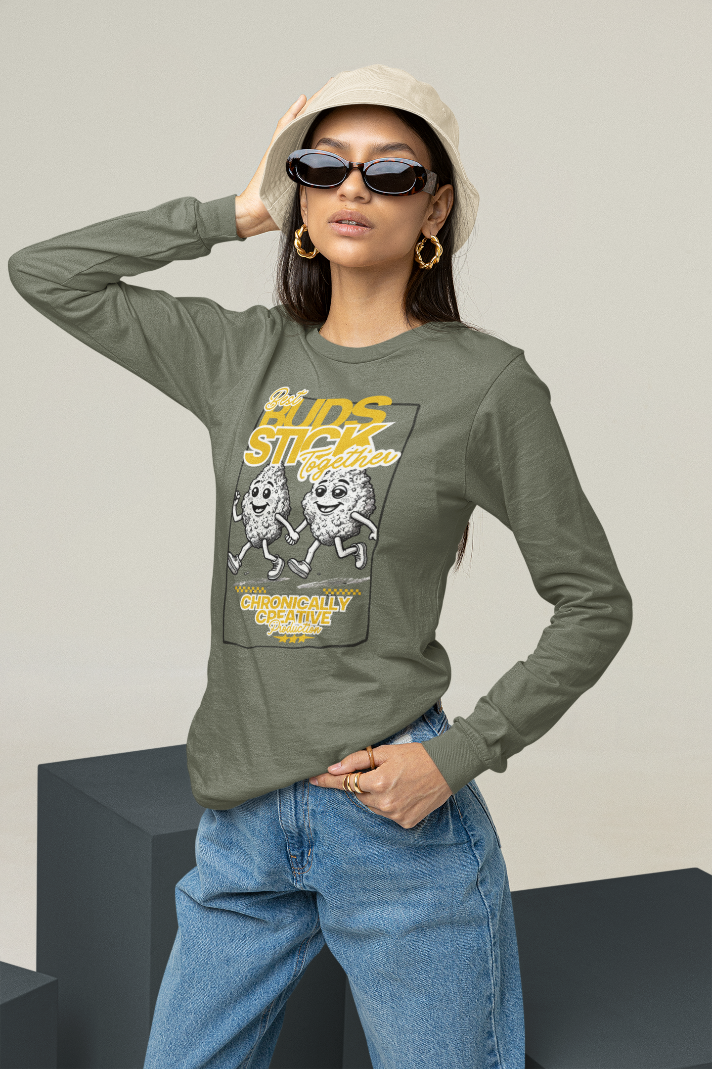 "Buds Stick Together" Long Sleeve Shirt - Retro Cannabis-Inspired Graphic by Chronically Creative & Co.