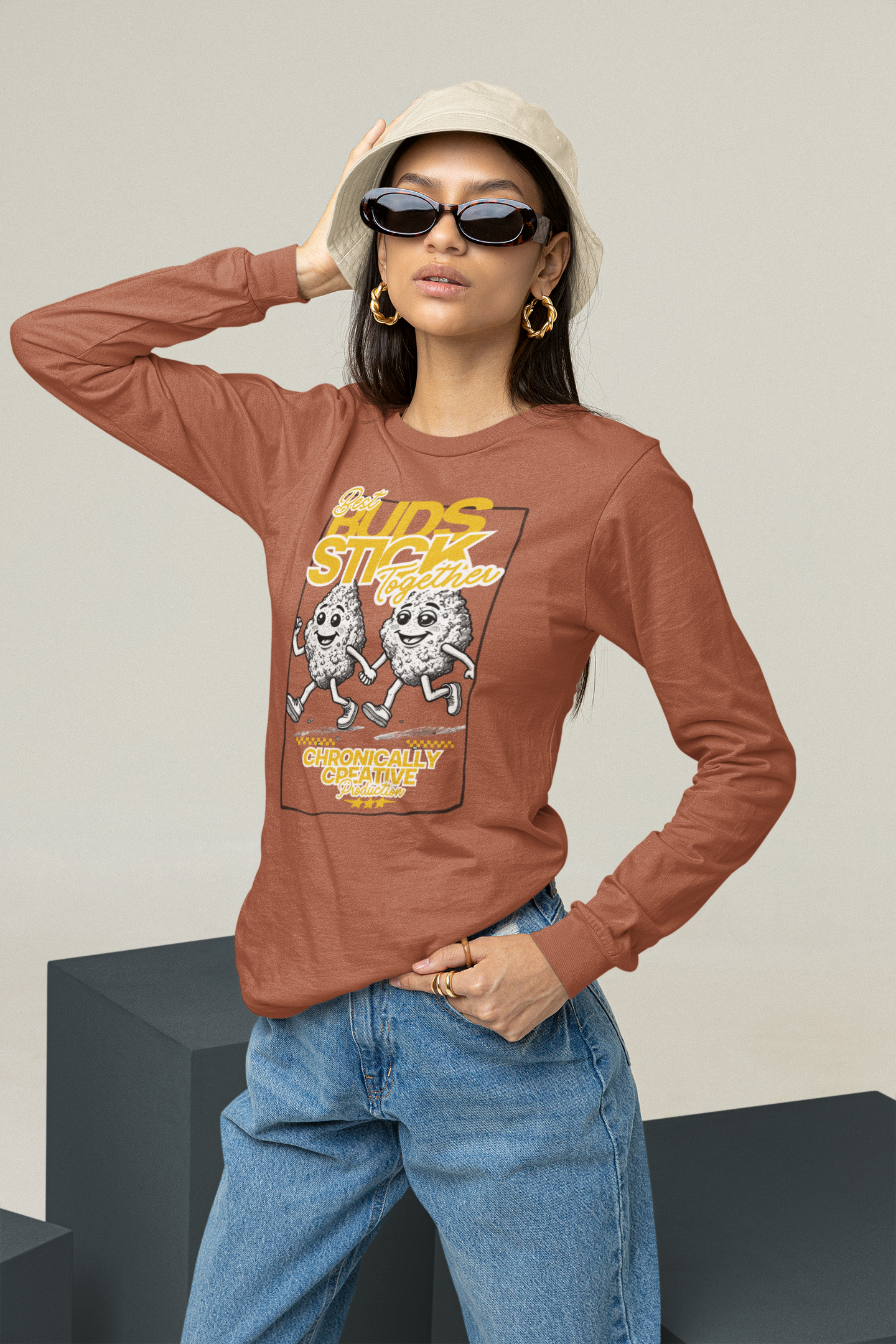 "Buds Stick Together" Long Sleeve Shirt - Retro Cannabis-Inspired Graphic by Chronically Creative & Co.